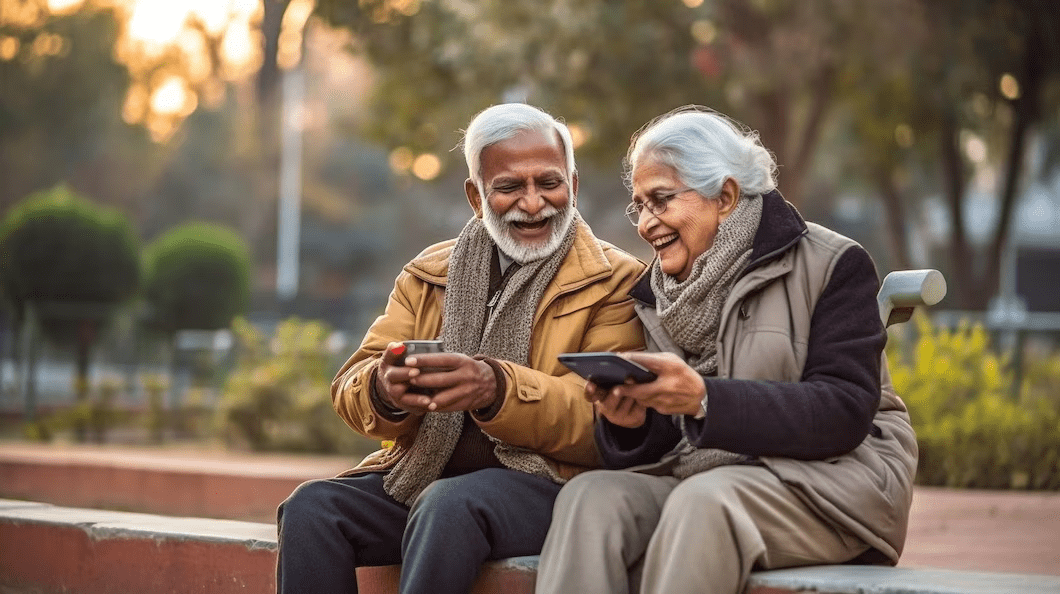 new delhi india a senior couple is laughing